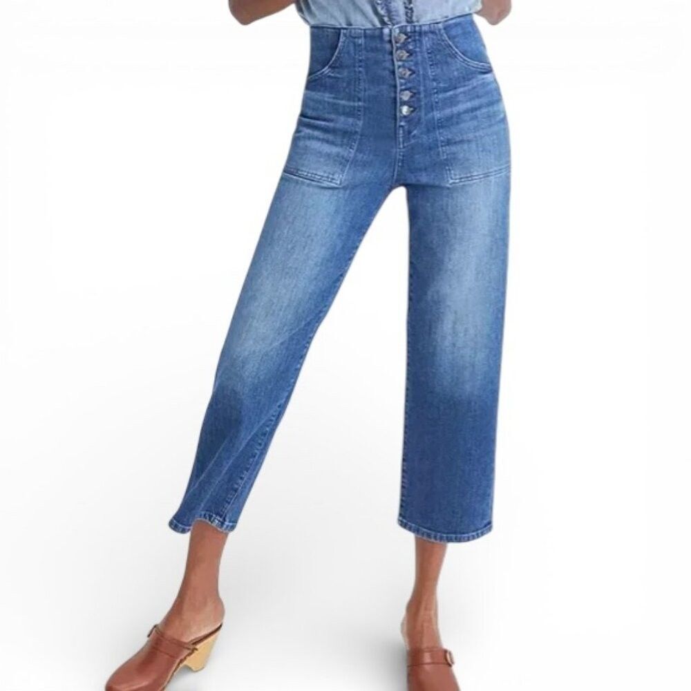 Veronica Beard Crosbie High Rise Cropped Wide Leg Jeans Button Fly Size 32